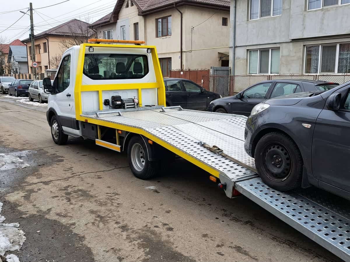 Platformă de tractare înclinată încarcând un vehicul pe stradă